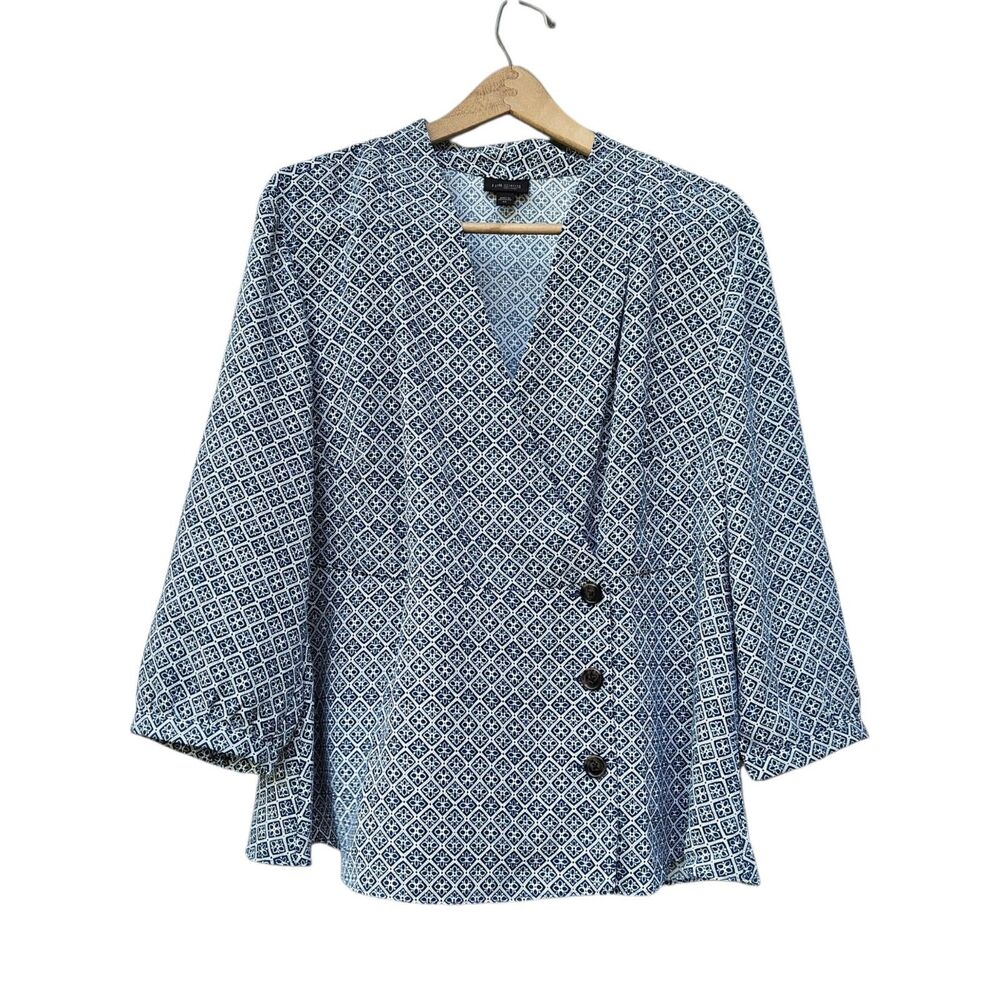 J. Jill Wearever Blue Geometric Print Faux Wrap Top Blouse Plus Womens 2X Peplum